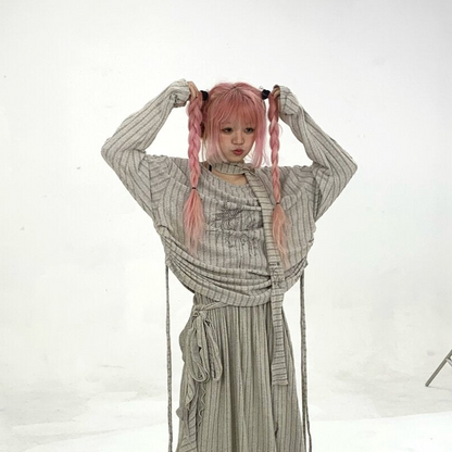 Ribbed Letter Print Strap Detail Oversize Knit Sweater NA9298