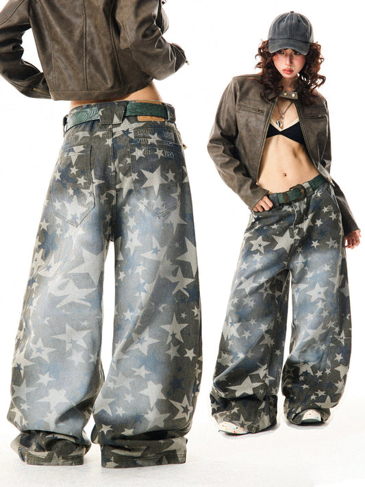 Star Print Damage Wide Leg Denim Jeans NA9313