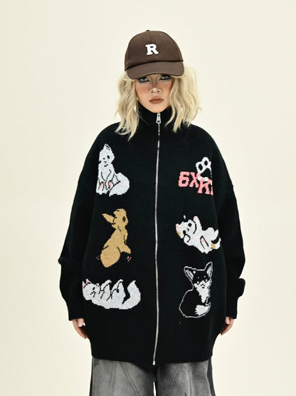 Cartoon Graphic Oversize Zipper Knit Cardigan NA6226