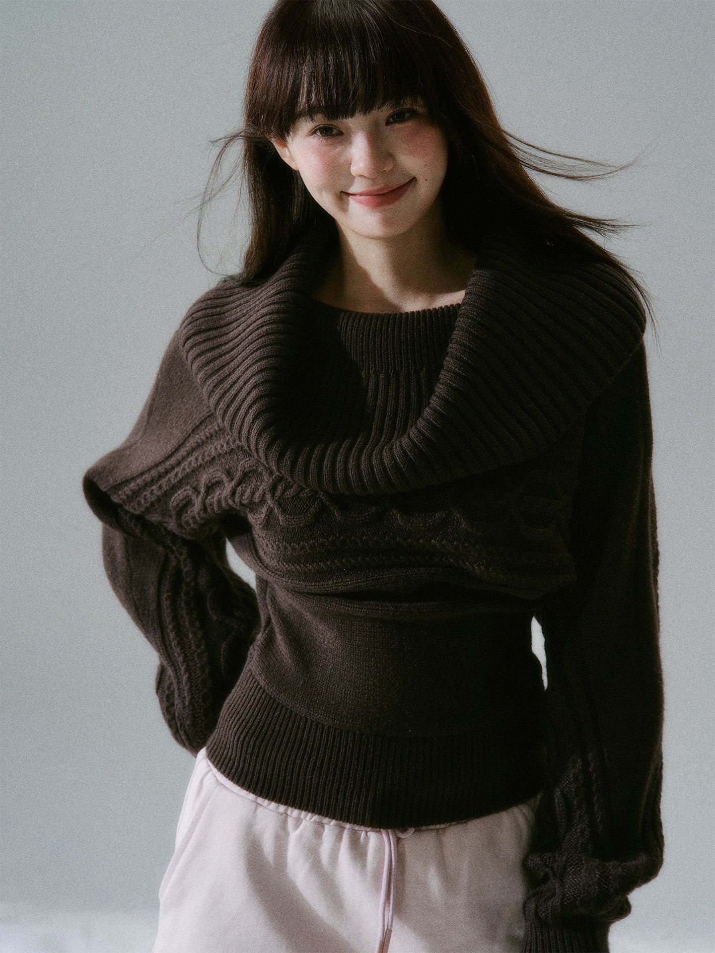 Ribbed Cowl Neck Cable Sleeve Knit Sweater NA8834