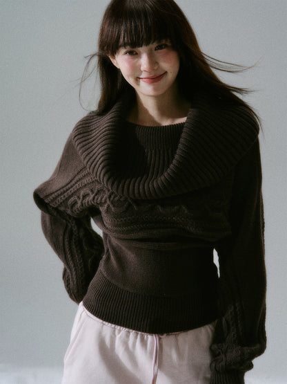 Ribbed Cowl Neck Cable Sleeve Knit Sweater NA8834