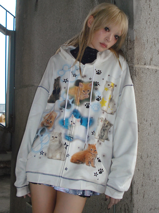 Cat Print Zipper Hoodie NA6620