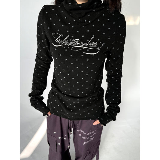 Polka Dot Print High-Neck Long Sleeve T-Shirt NA9255