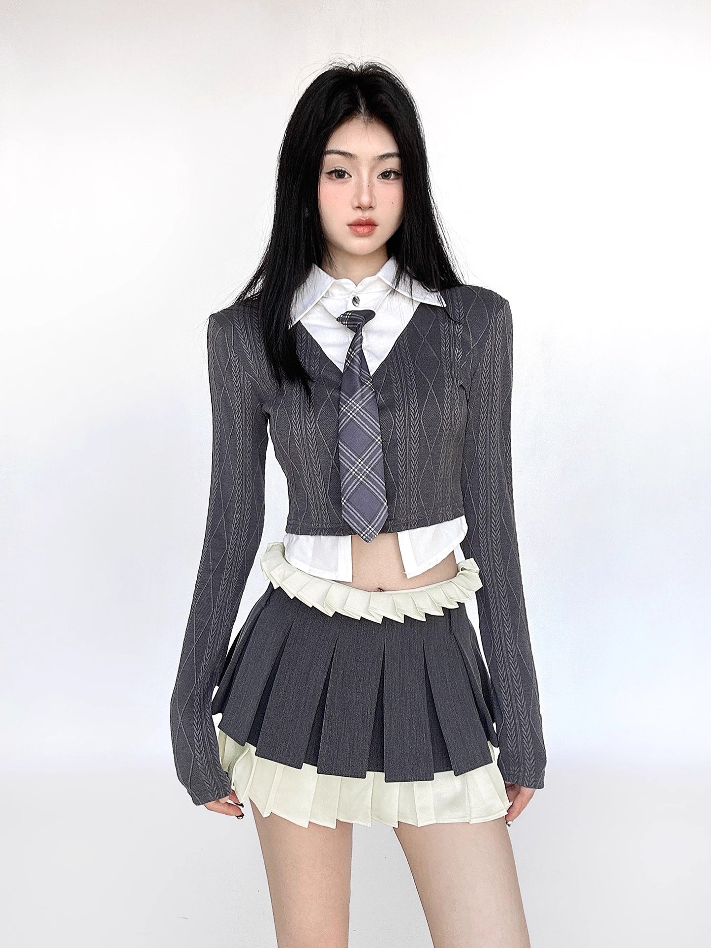 Pleated Lace Short Skirt & Fake Layered Shirt Setup NA4630