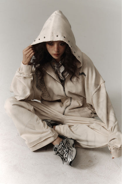 Washed Damage Oversize Zipper Hoodie & Wide Leg Pants Setup NA8913