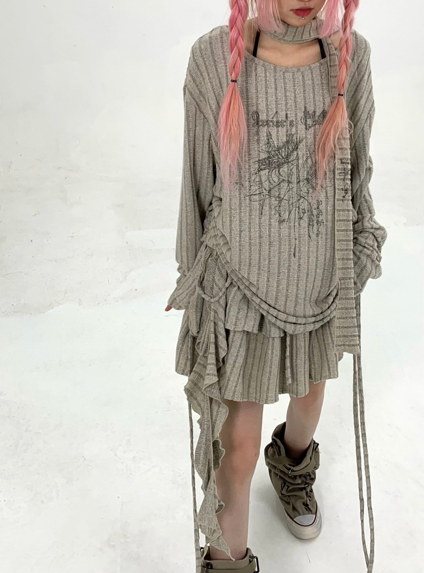 Ribbed Letter Print Strap Detail Oversize Knit Sweater NA9298
