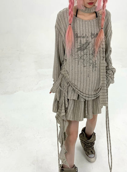 Ribbed Letter Print Strap Detail Oversize Knit Sweater NA9298