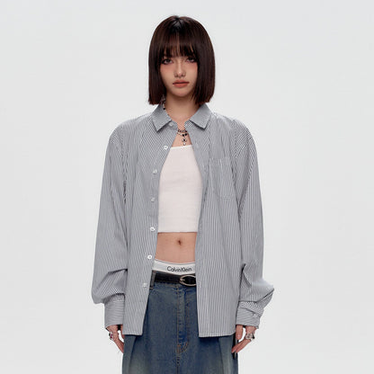 Blue White Stripe Oversize College Long Sleeve Shirt NA8879