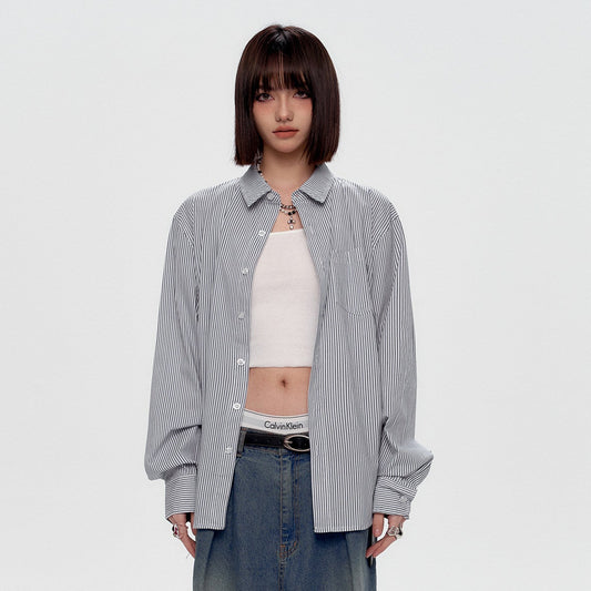 Blue White Stripe Oversize College Long Sleeve Shirt NA8879