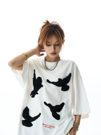 Pigeon Embroidery Short Sleeve T-Shirt NA3029
