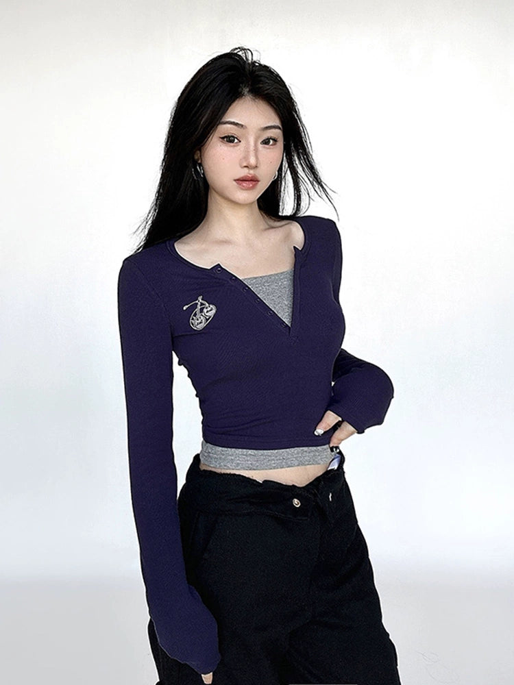 Fake Layered Embroidery Long Sleeve T-shirt NA4539