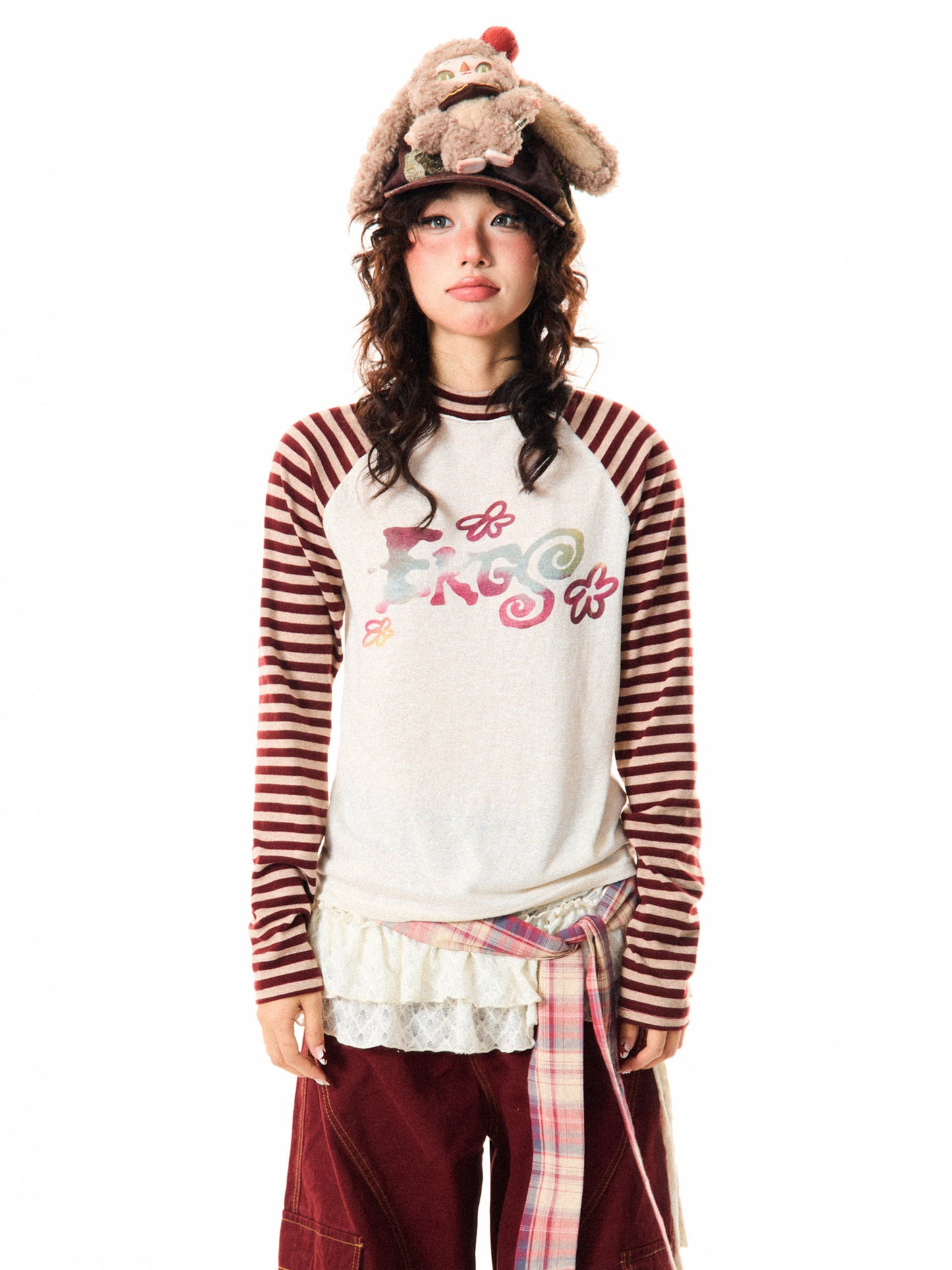 Stripe Raglan Graphic Print Long Sleeve T-Shirt NA9344