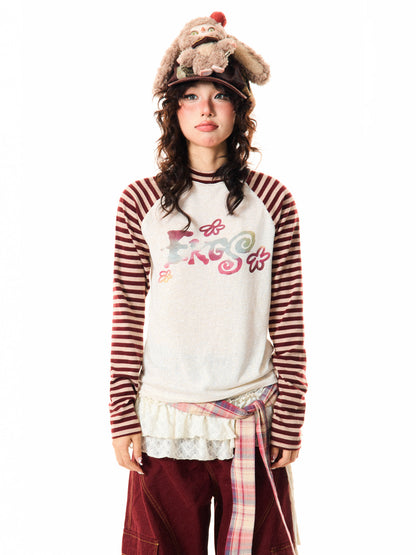 Stripe Raglan Graphic Print Long Sleeve T-Shirt NA9344
