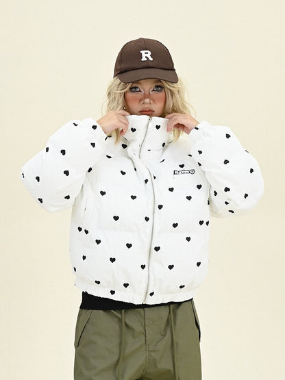 Allover Heart Print Standing-Collar Puffer Jacket NA6192