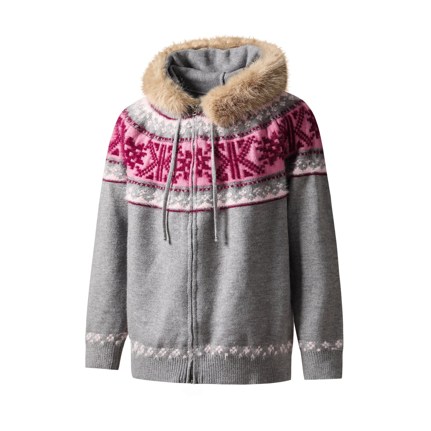 Fur Collar Fair Isle Hooded Knit Cardigan NA8868