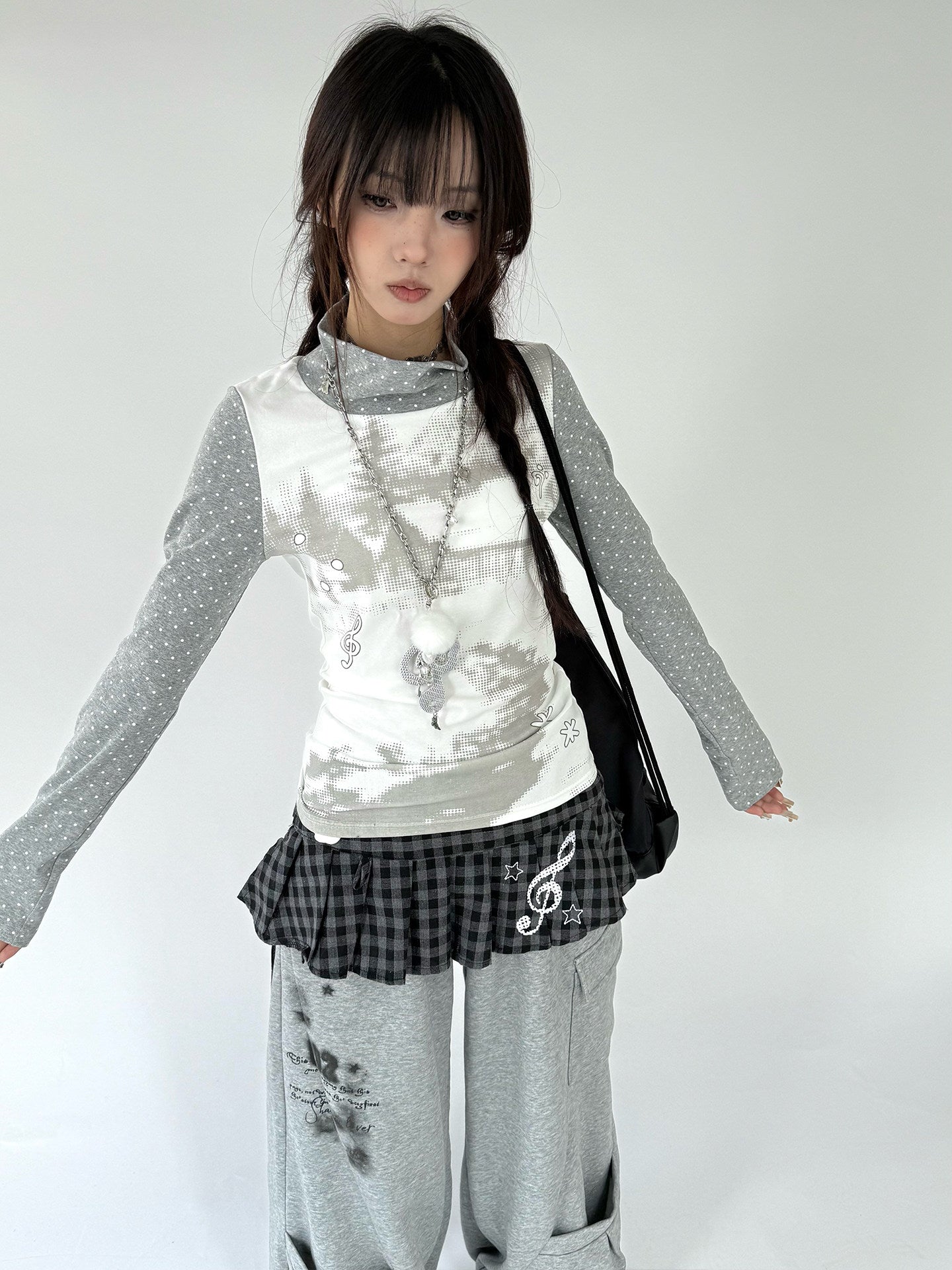Polka Dot Print High-Neck Long Sleeve T-Shirt NA9249