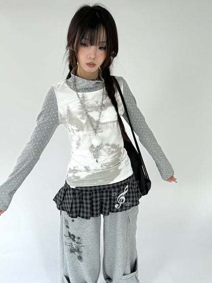 Polka Dot Print High-Neck Long Sleeve T-Shirt NA9249