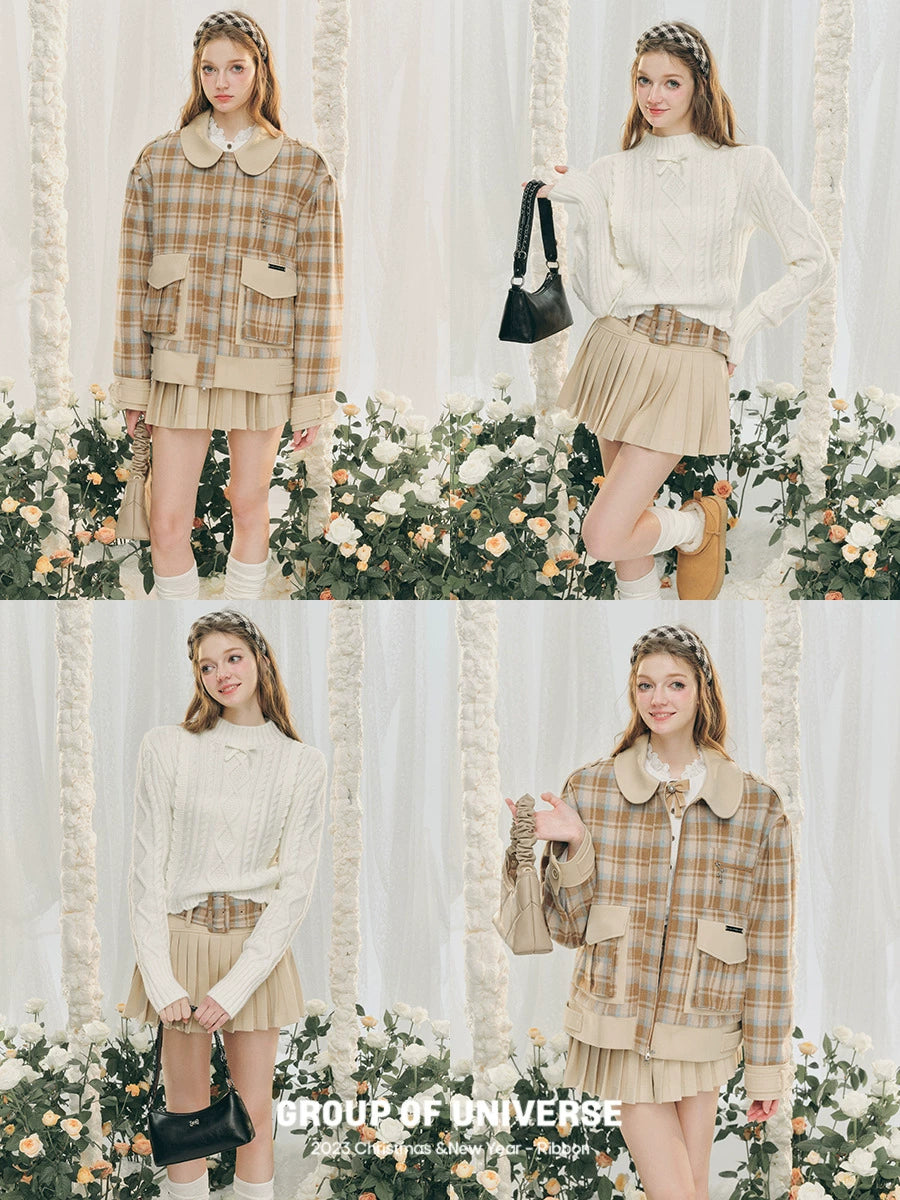 Round Collar Plaid Woolen Jacket & Pleated Short Skirt NA5908