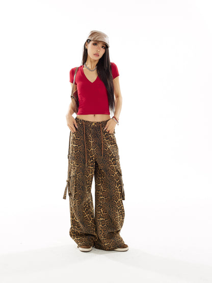 Wide-Leg Straight Leopard Print Cargo Pants NA3717