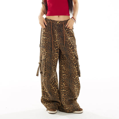 Wide-Leg Straight Leopard Print Cargo Pants NA3717