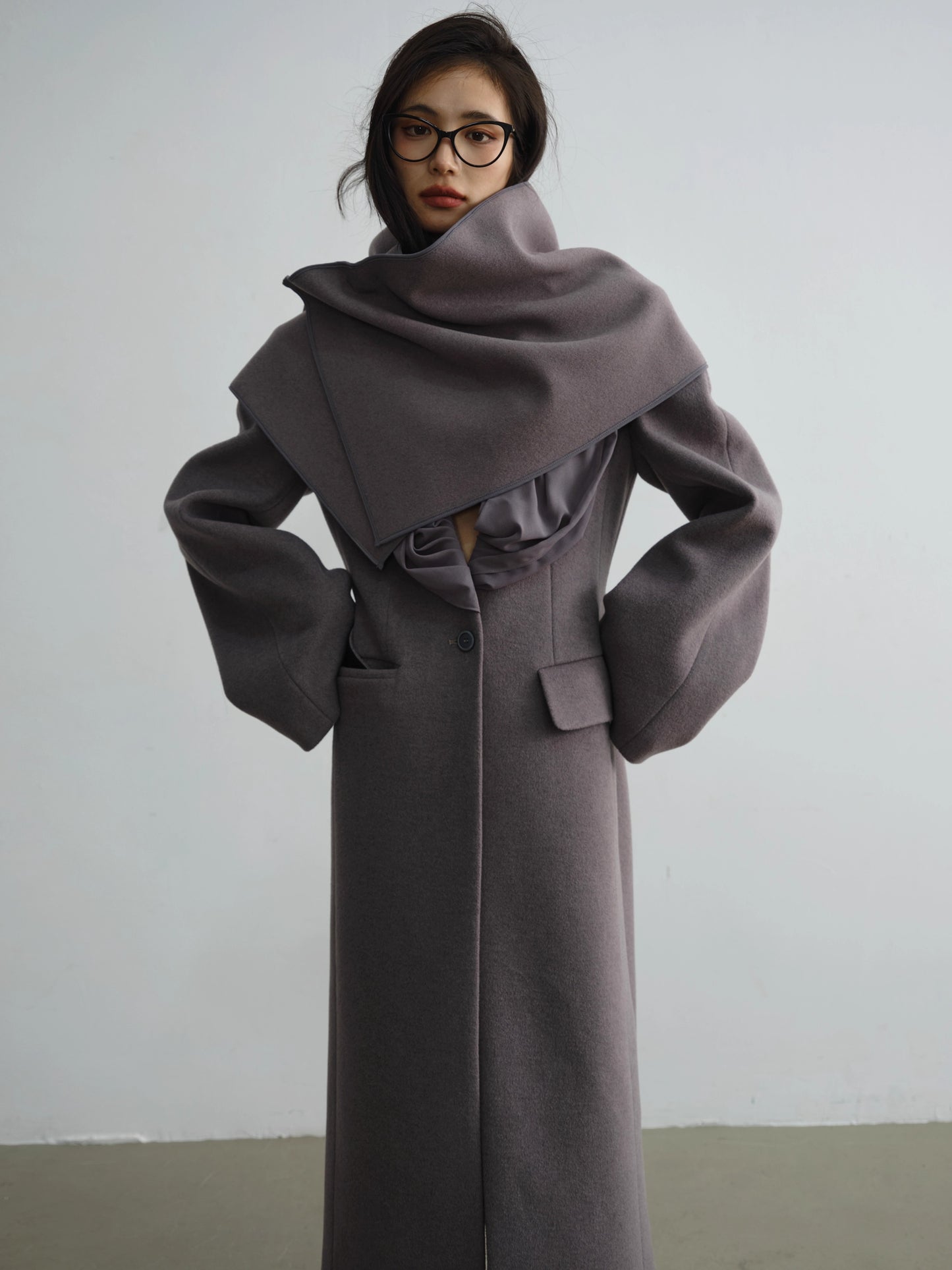 Collar Design Wool Long Coat with Scarf NA5169