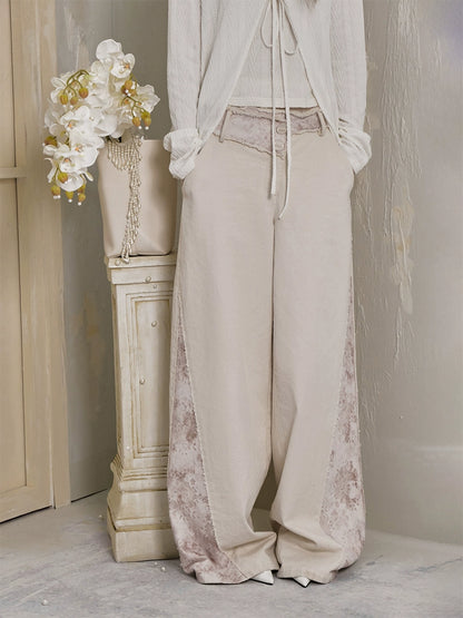 Lace Splicing Low Waist Wide Leg Pants & Belt NA5614