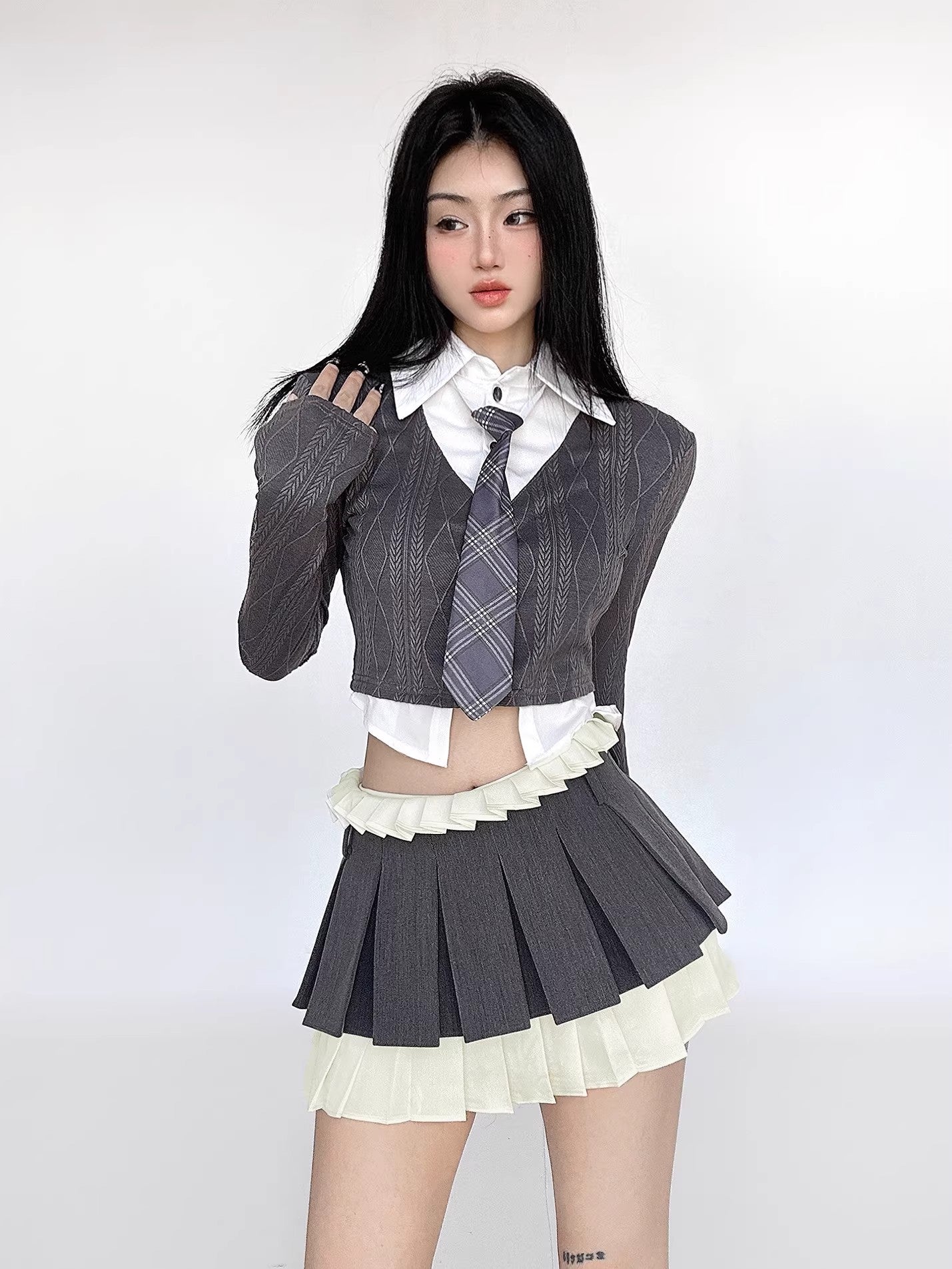 Pleated Lace Short Skirt & Fake Layered Shirt Setup NA4630