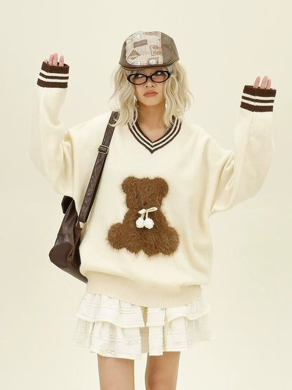 Bear Design V-Neck Knit Sweater NA6351