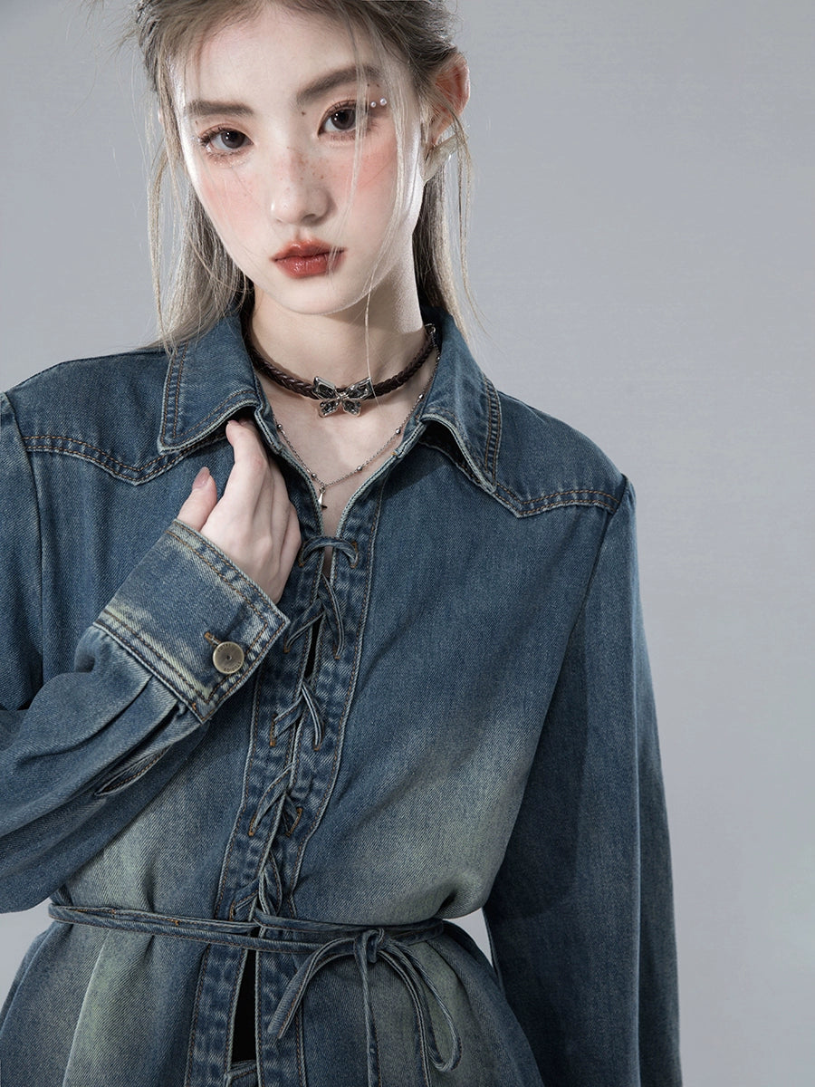 Gradient Contrast Edge Denim Shirt & Short Denim Skirt NA5576