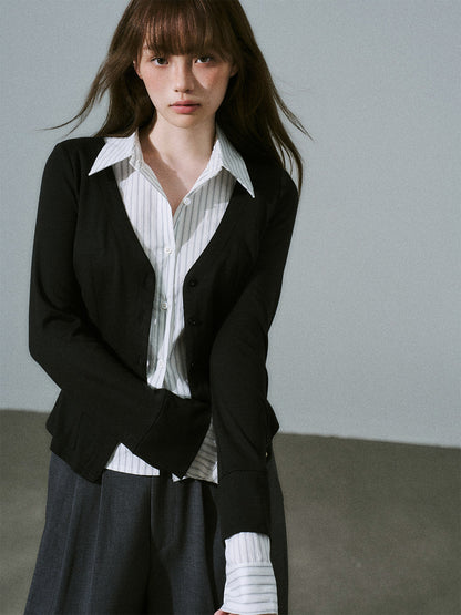 Layered Lyocell Wool Stripe Office Commuter Kinit Cardigan NA8807