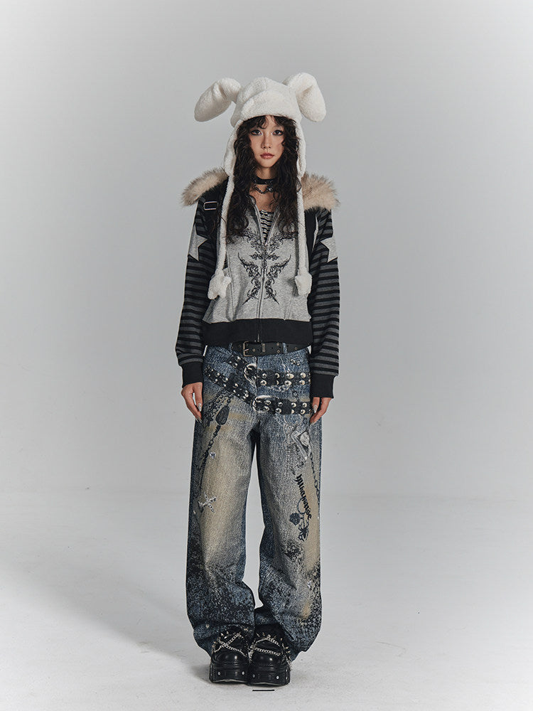 Fur Collar Patchwork Oversize Zipper Hoodie NA8899