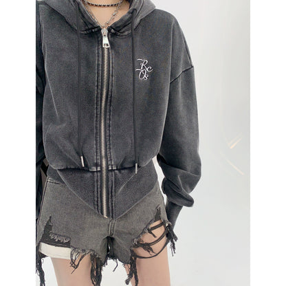 Logo Embroidery Zipper Short Hoodie NA2780