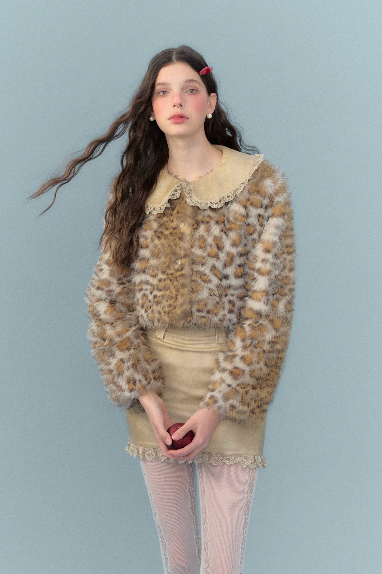 Leopard Print Fur Jacket & Lace Patchwork PU Leather Skirt Setup NA5822