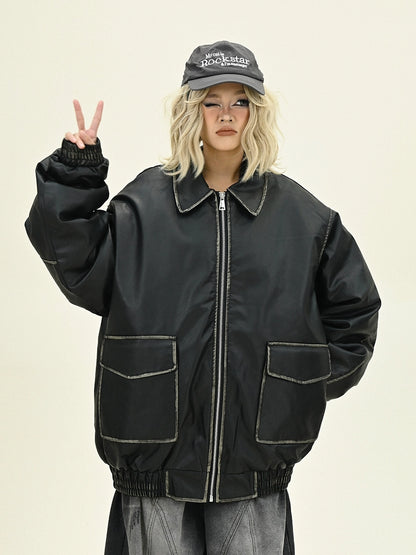 Oversize PU Leather Pocket Puffer Jacket NA6199