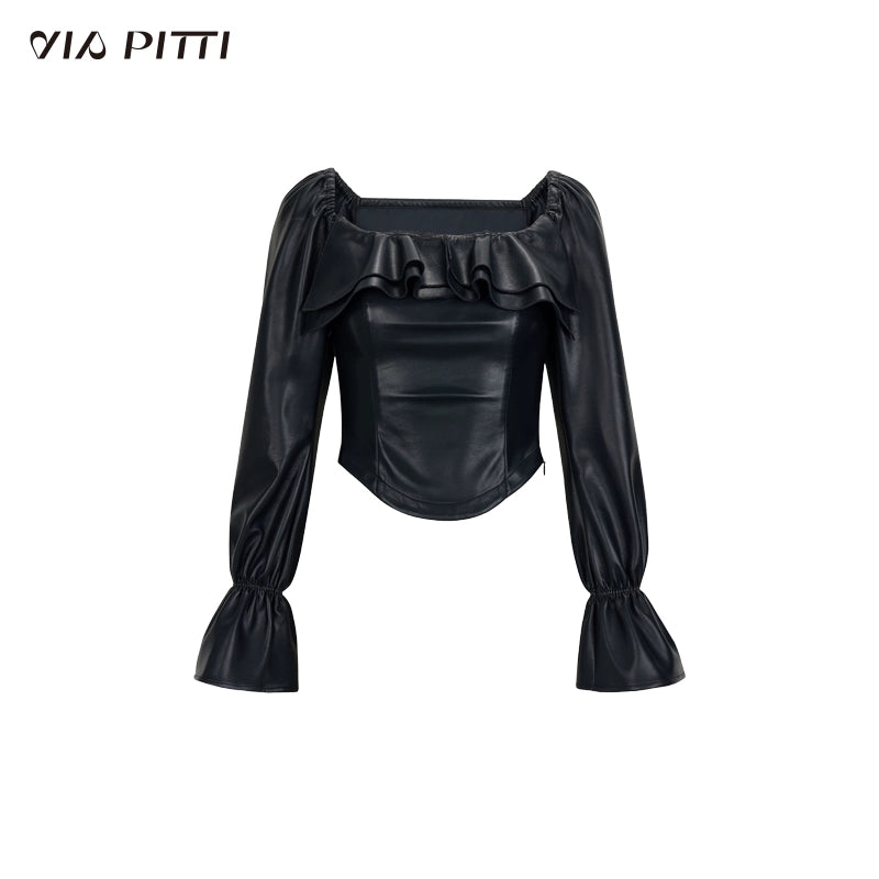 Bubble Sleeve One Shoulder Leather Blouse & Short Skirt  Setup NA4785