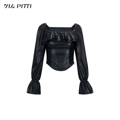 Bubble Sleeve One Shoulder Leather Blouse & Short Skirt  Setup NA4785