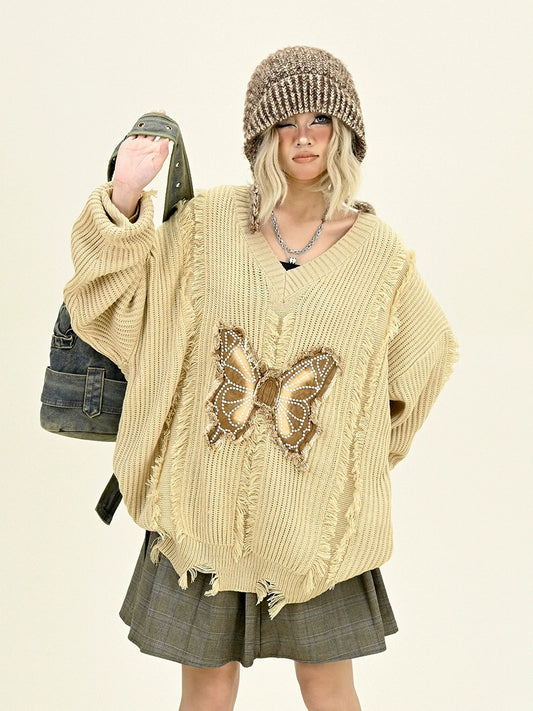 Damage Butterfly V-Neck Knit Sweater NA6440