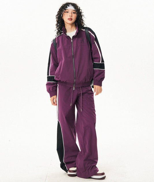Color Block Track Jacket & Wide Leg Sweat Pants Setup NA9377