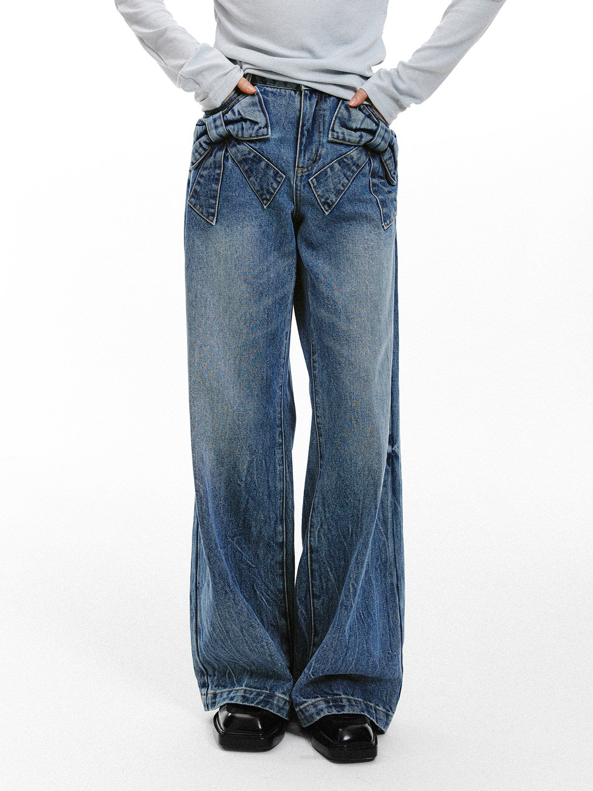 Bow Detail Wide-Leg Denim Jeans NA8842