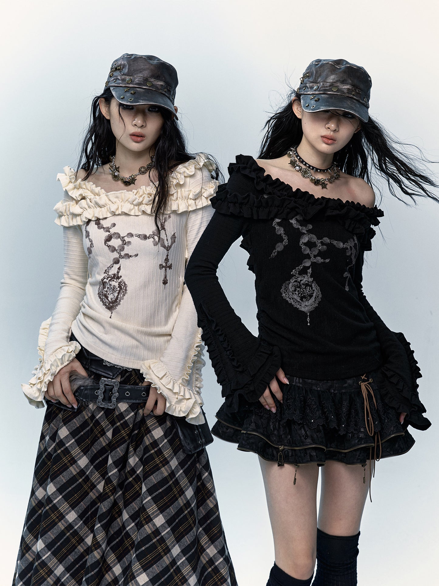 Ruffle Print Flare Sleeve Long Sleeve T-Shirt NA8983