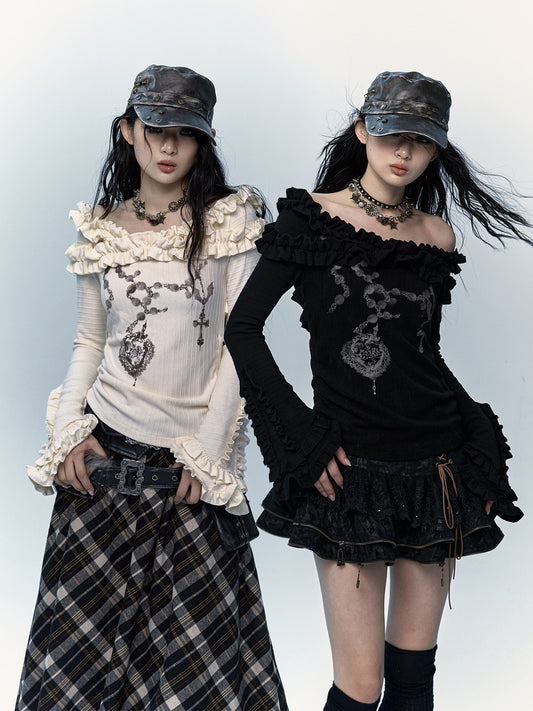 Ruffle Print Flare Sleeve Long Sleeve T-Shirt NA8983