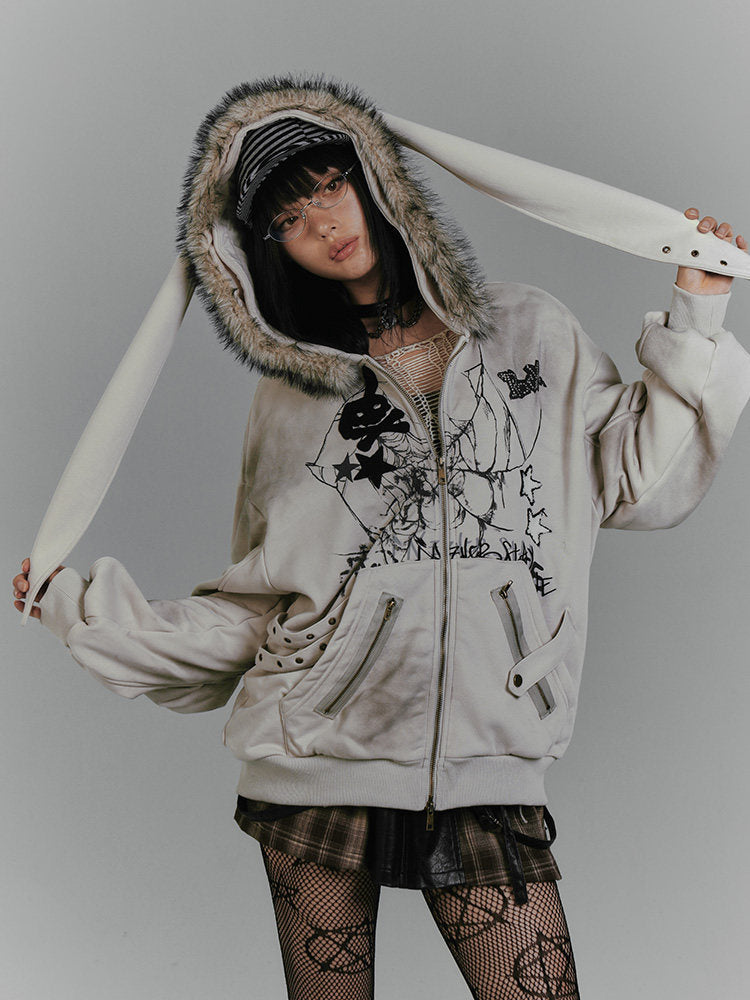 Graphic Fake Fur Hood Bunny Ear Zipper Hoodie Jacket NA8923
