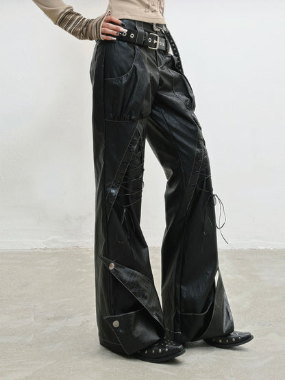 Original Design Lace-Up Double Waistband Structural PU Leather Pants NA8560