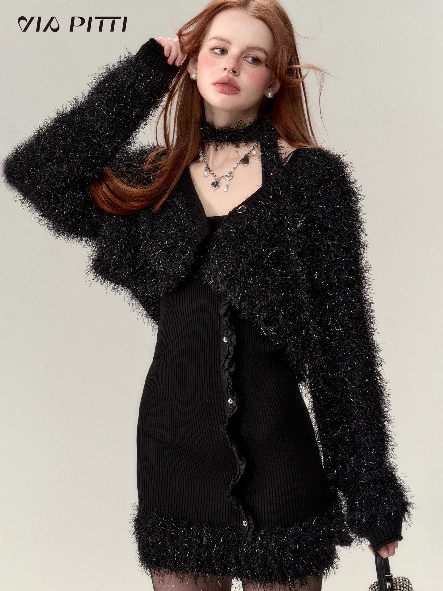 V-neck Furry Knit Cardigan & Arm Cover Hanging Neck Dress NA4809