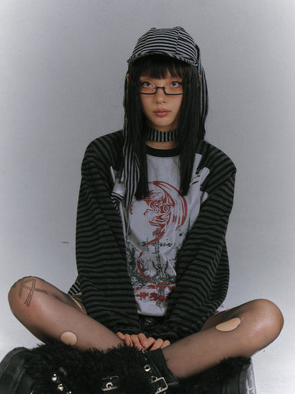 Raglan Stripe Damage Patchwork Long Sleeve T-Shirt NA8918