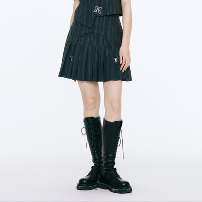 Bow Detail Pinstripe Cropped Shirt & Pleated Skirt Setup NA8838