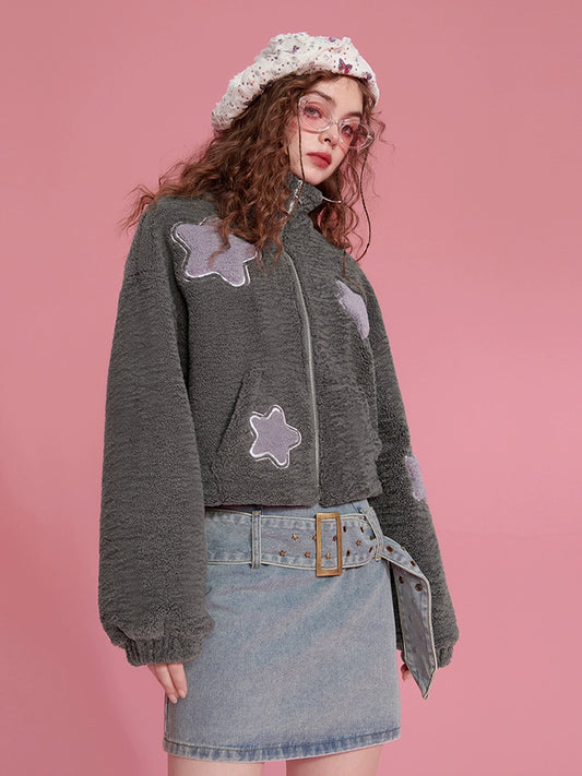 Fake Shearling High-Neck Star-Embroidery Jacket NA6785