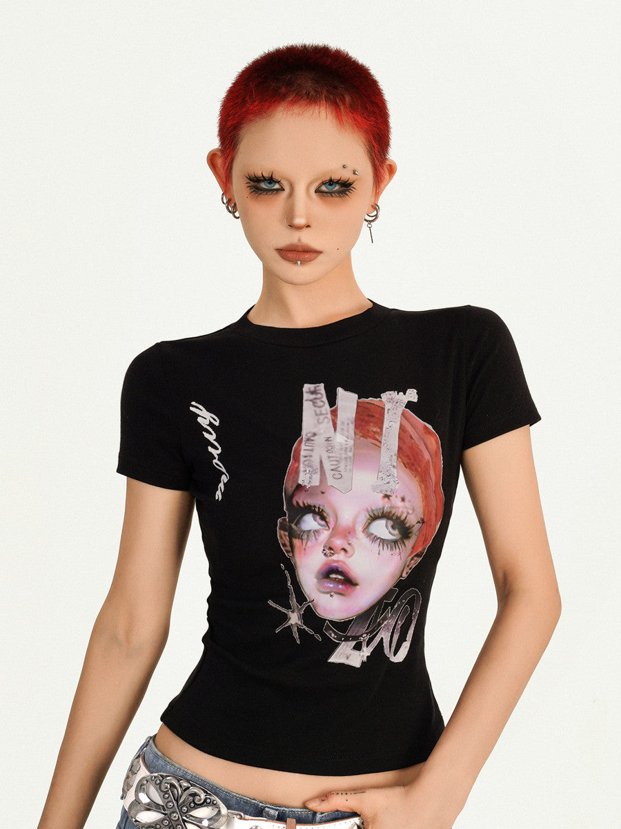 Portrait Print Fitted Short Sleeve T-Shirt NA8603