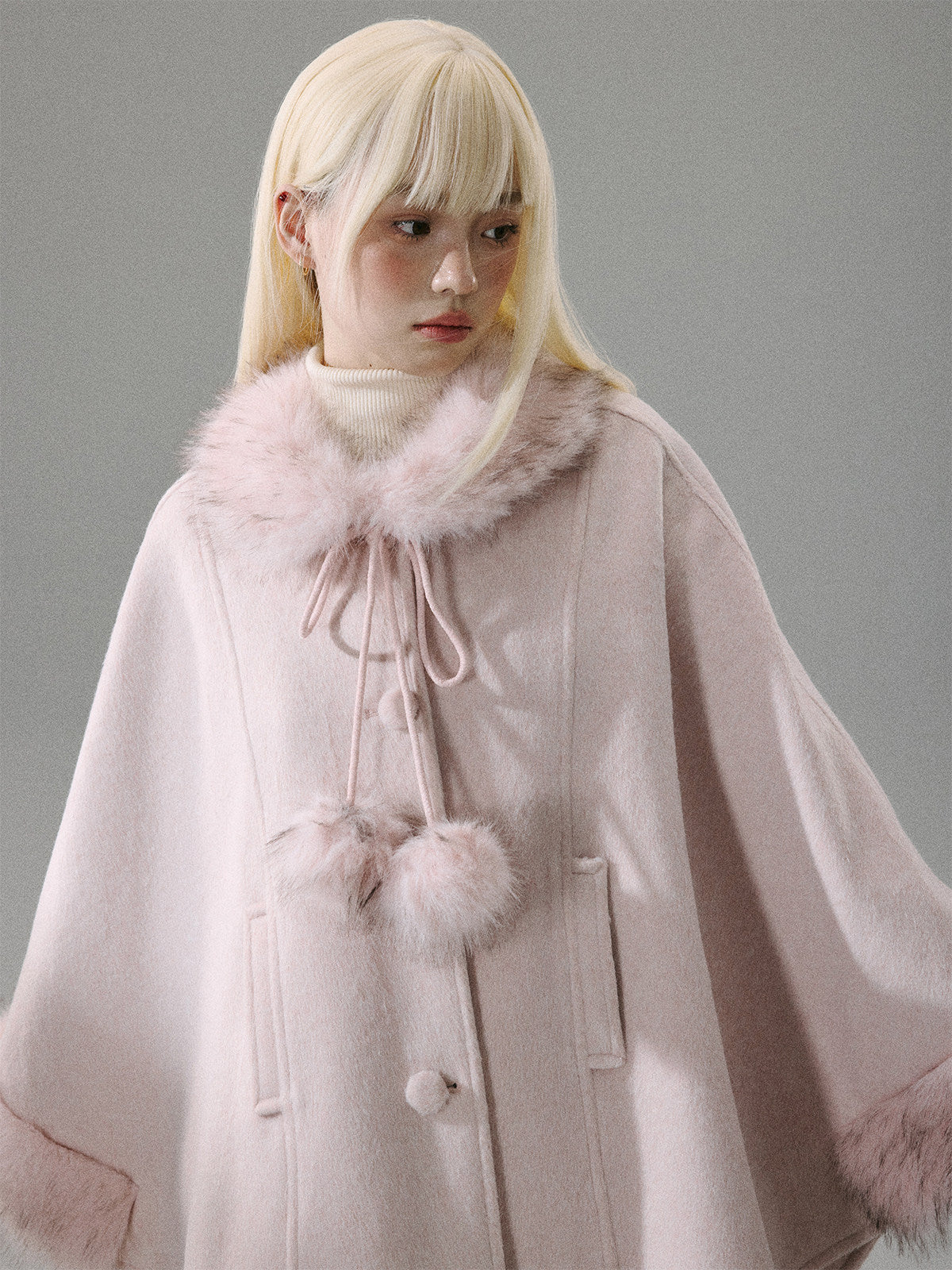 Sweet Girl Pink Long Hair Tweed Cape Coat NA8806