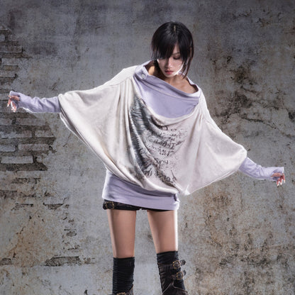 Original Fake Two-Piece Oversize Batwing Sleeve Floral Off-Shoulder Long Sleeve T-Shirts NA8353